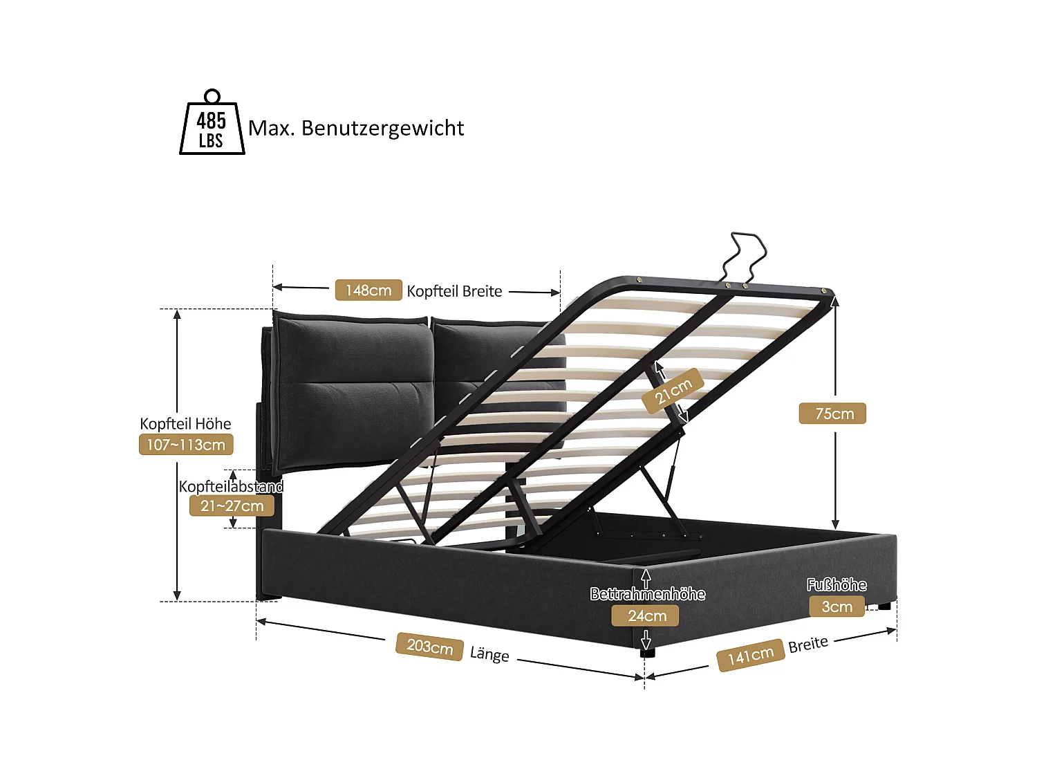 Hydraulisch bed met verstelbaar hoofdeinde, 140x200 cm, gestoffeerd bed met 2 opberglades, metalen frame en houten onderstel, zwart fluweel (zonder matras)
