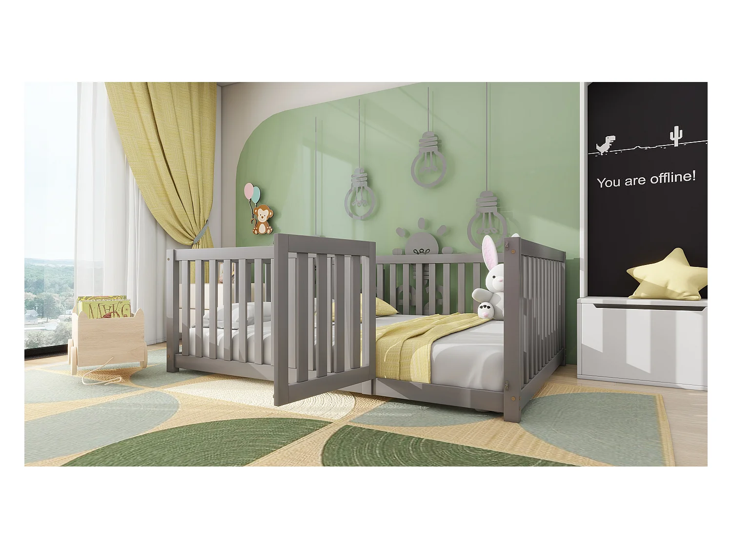 Letto basso 140x200 con struttura in legno, sponda di sicurezza e porta, grigio (204x147x60 cm)