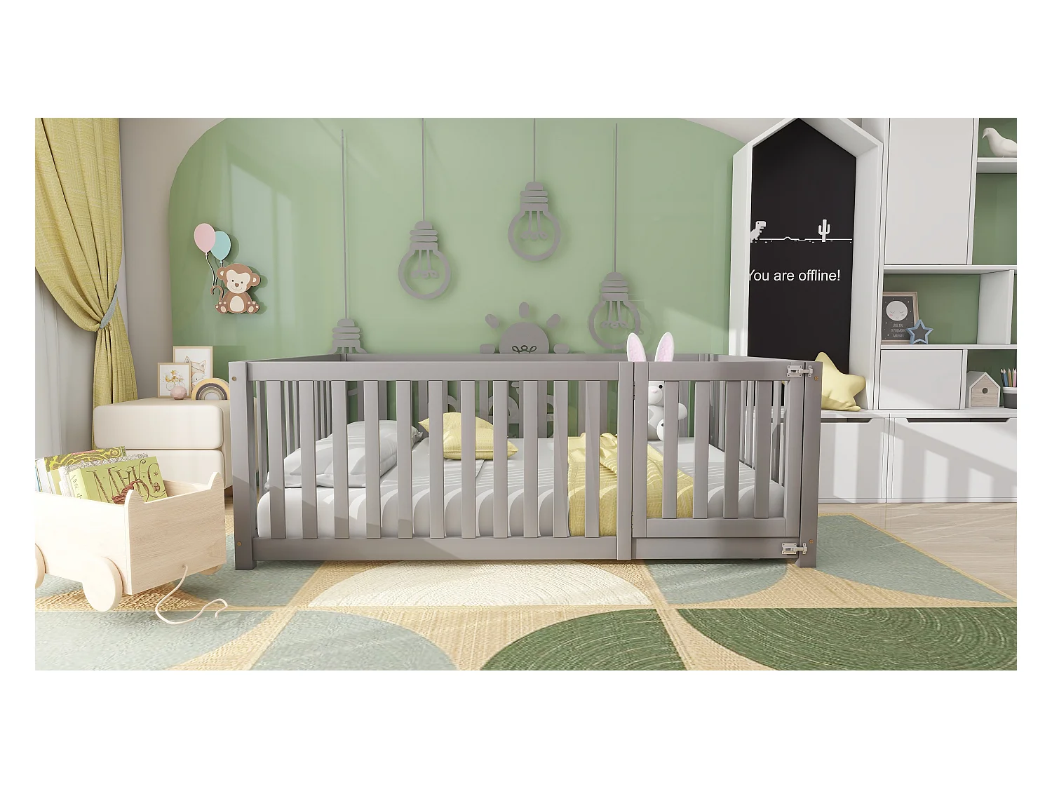 Letto basso 140x200 con struttura in legno, sponda di sicurezza e porta, grigio (204x147x60 cm)