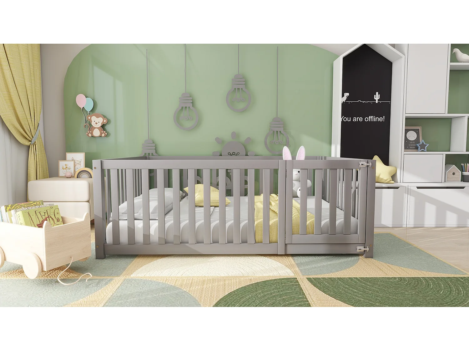 Lit bas 140x200 avec cadre en bois, barrière de sécurité et porte, gris (204x147x60 cm)