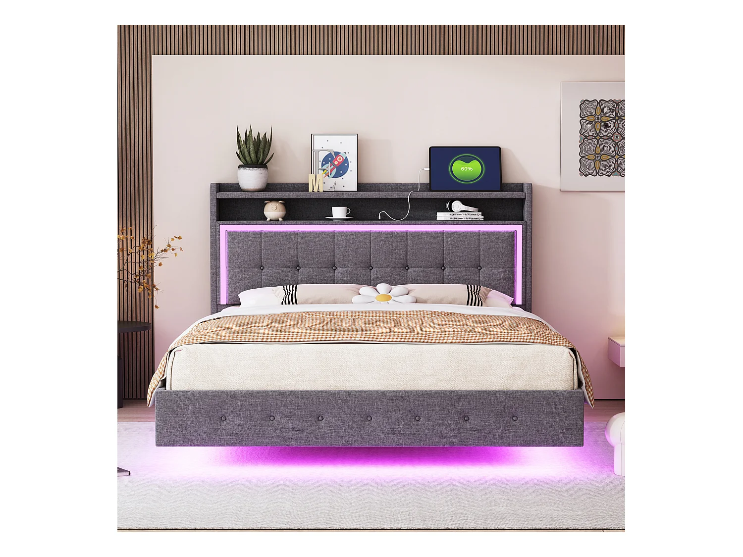 Lit 140x200cm, lit rembourré avec LED et ports USB, tissu lin gris, cadre discret (213x145x113.5cm)