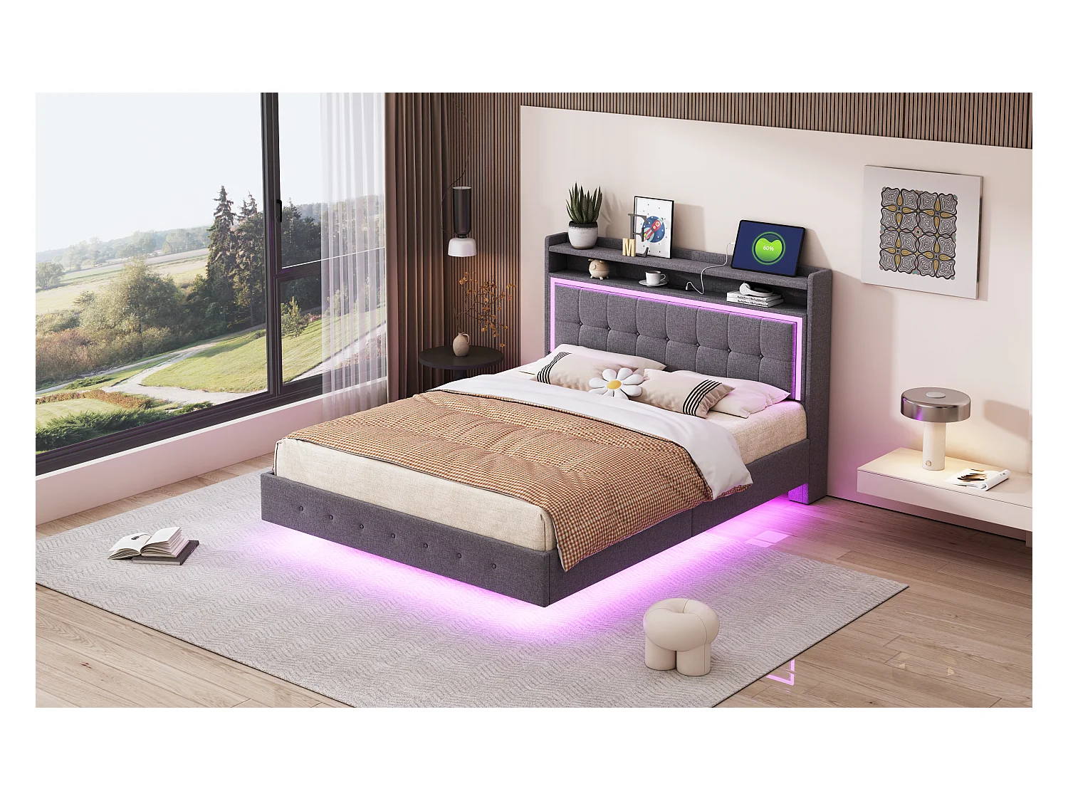 Lit 140x200cm, lit rembourré avec LED et ports USB, tissu lin gris, cadre discret (213x145x113.5cm)