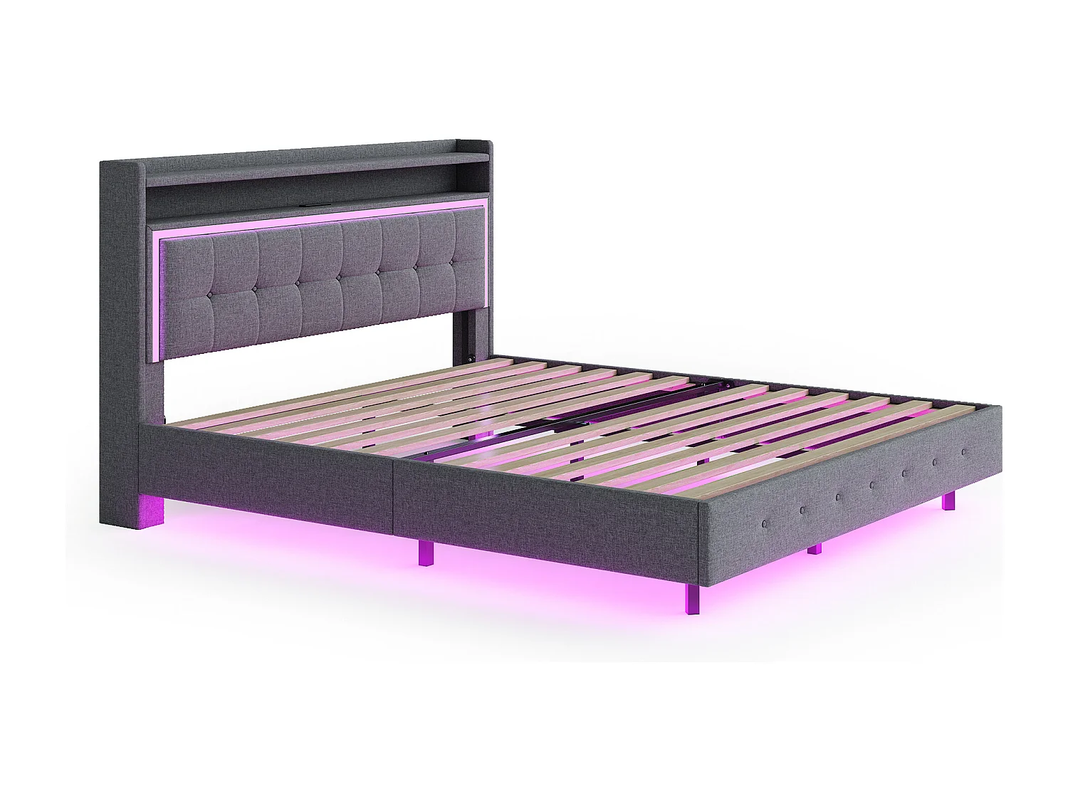 Lit 140x200cm, lit rembourré avec LED et ports USB, tissu lin gris, cadre discret (213x145x113.5cm)