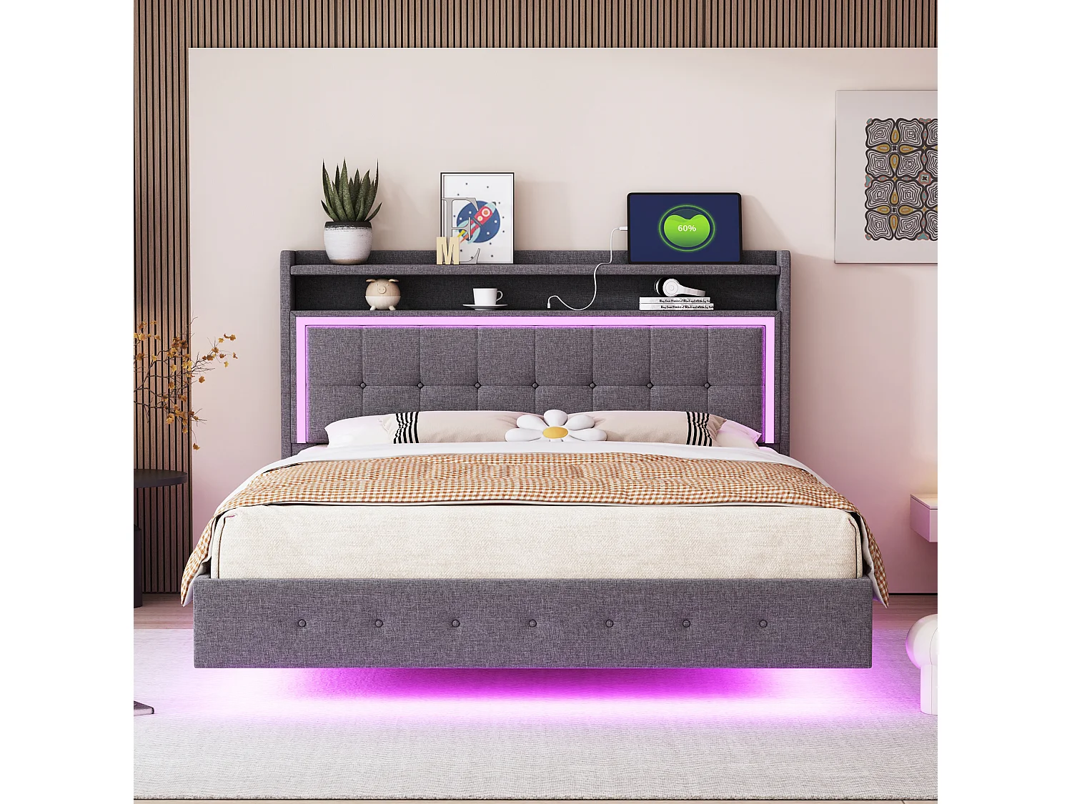 Lit 140x200cm, lit rembourré avec LED et ports USB, tissu lin gris, cadre discret (213x145x113.5cm)