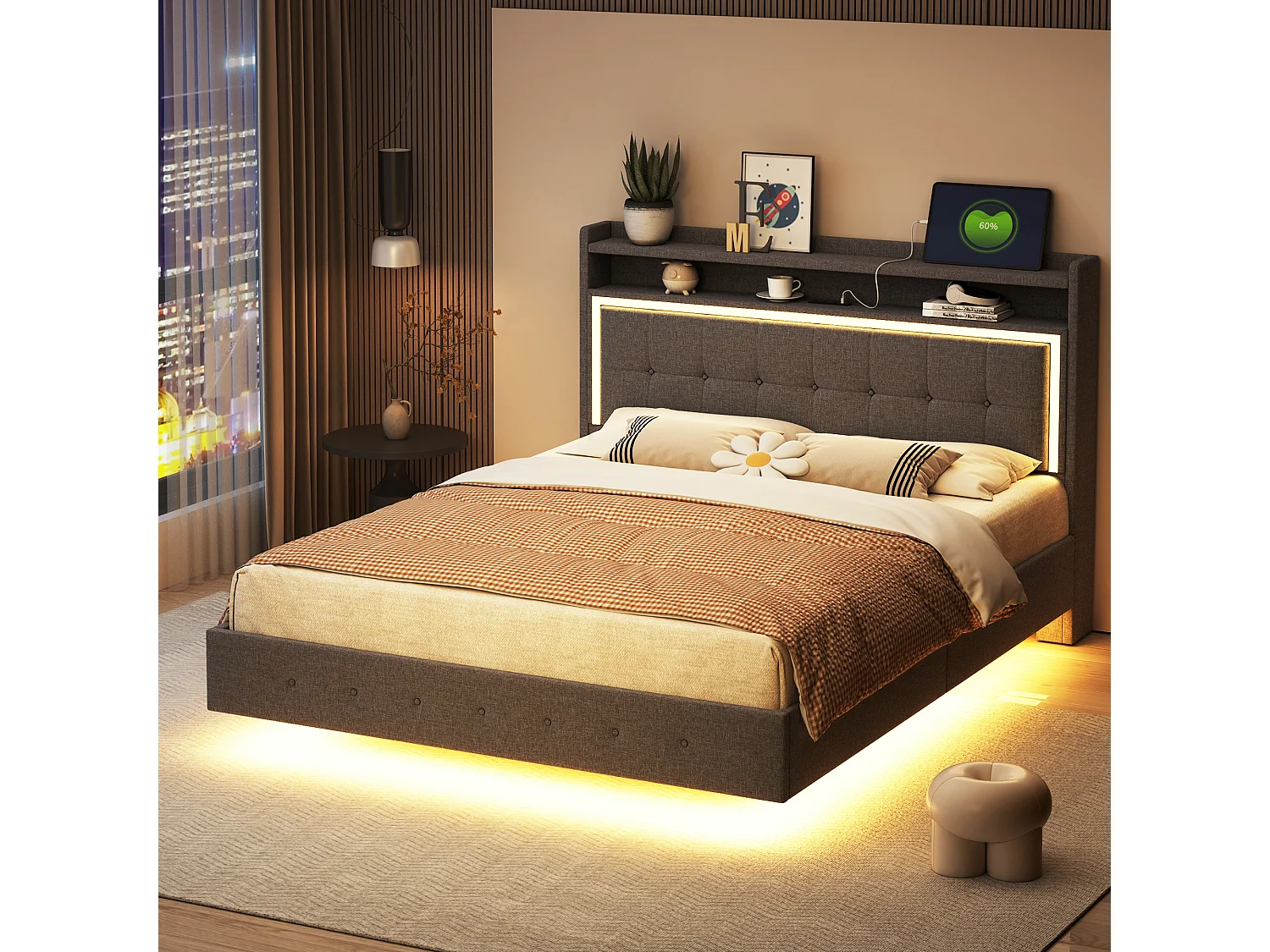 Lit 140x200cm, lit rembourré avec LED et ports USB, tissu lin gris, cadre discret (213x145x113.5cm)