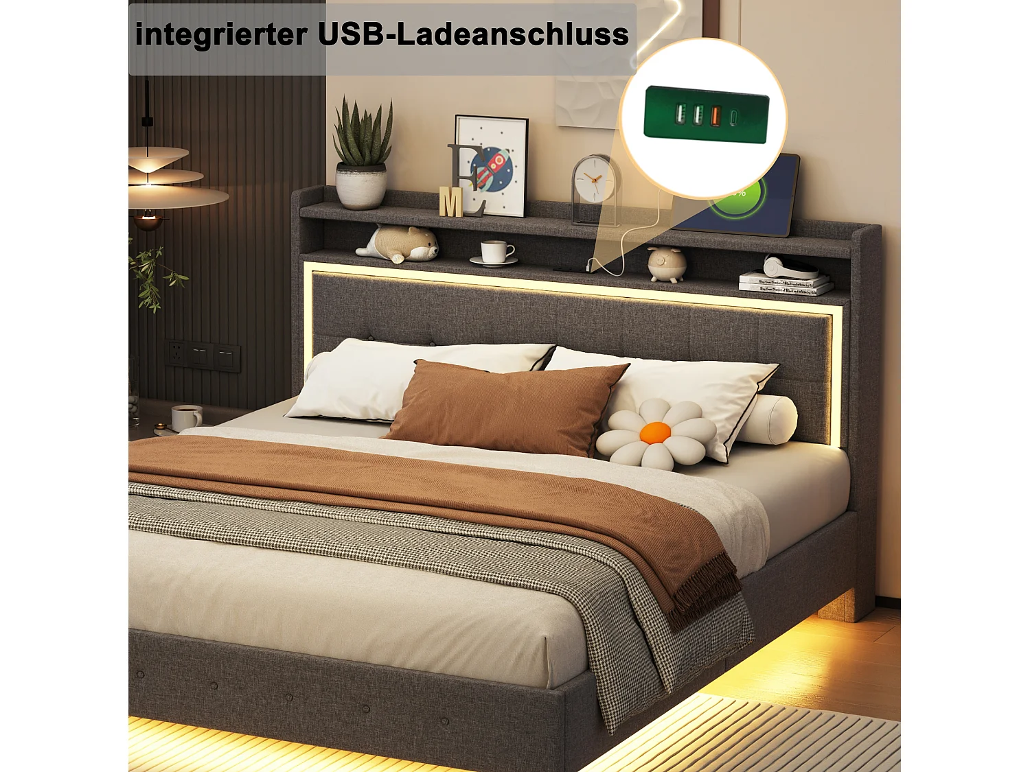 Lit 140x200cm, lit rembourré avec LED et ports USB, tissu lin gris, cadre discret (213x145x113.5cm)