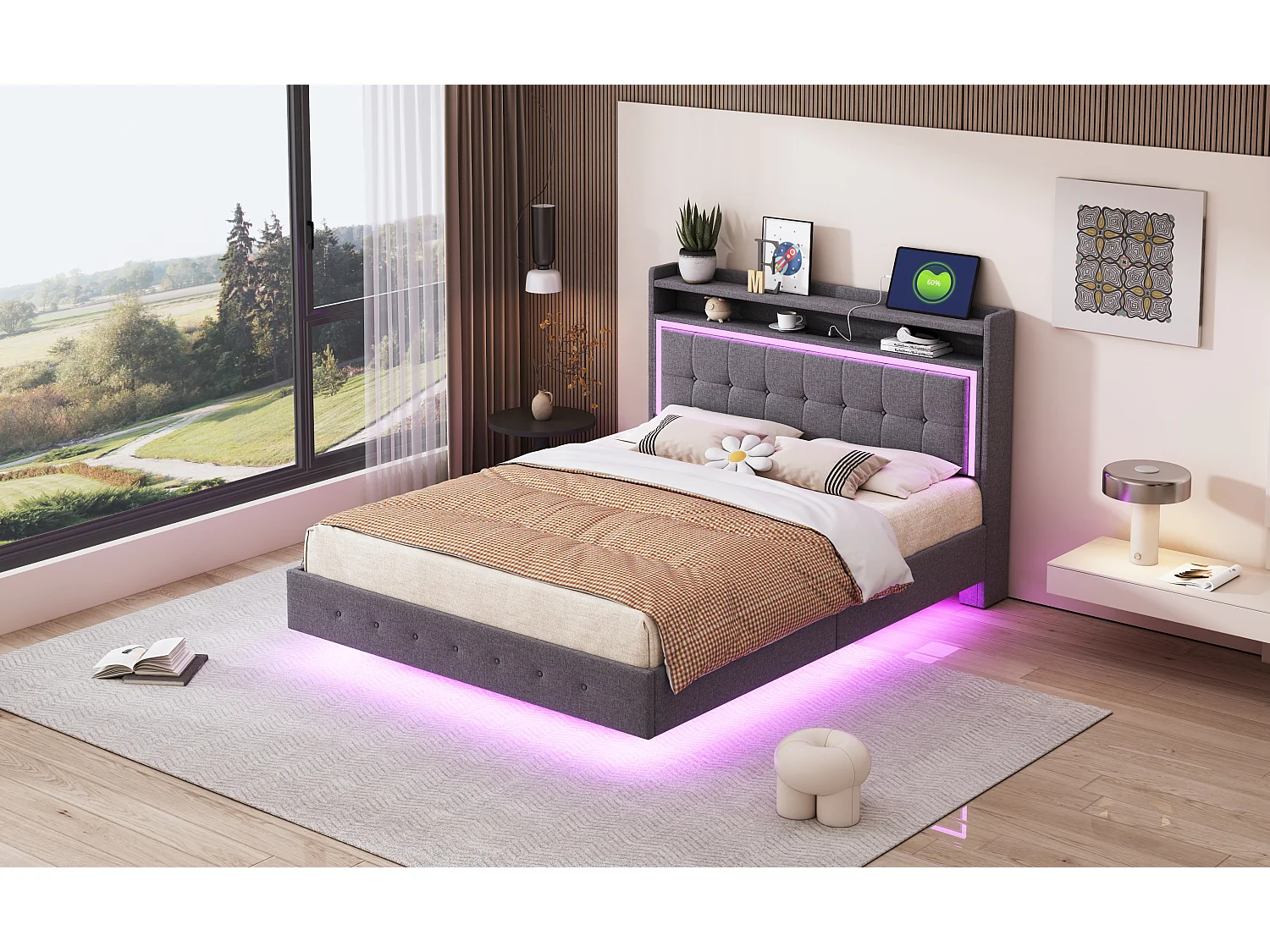 Lit 140x200cm, lit rembourré avec LED et ports USB, tissu lin gris, cadre discret (213x145x113.5cm)