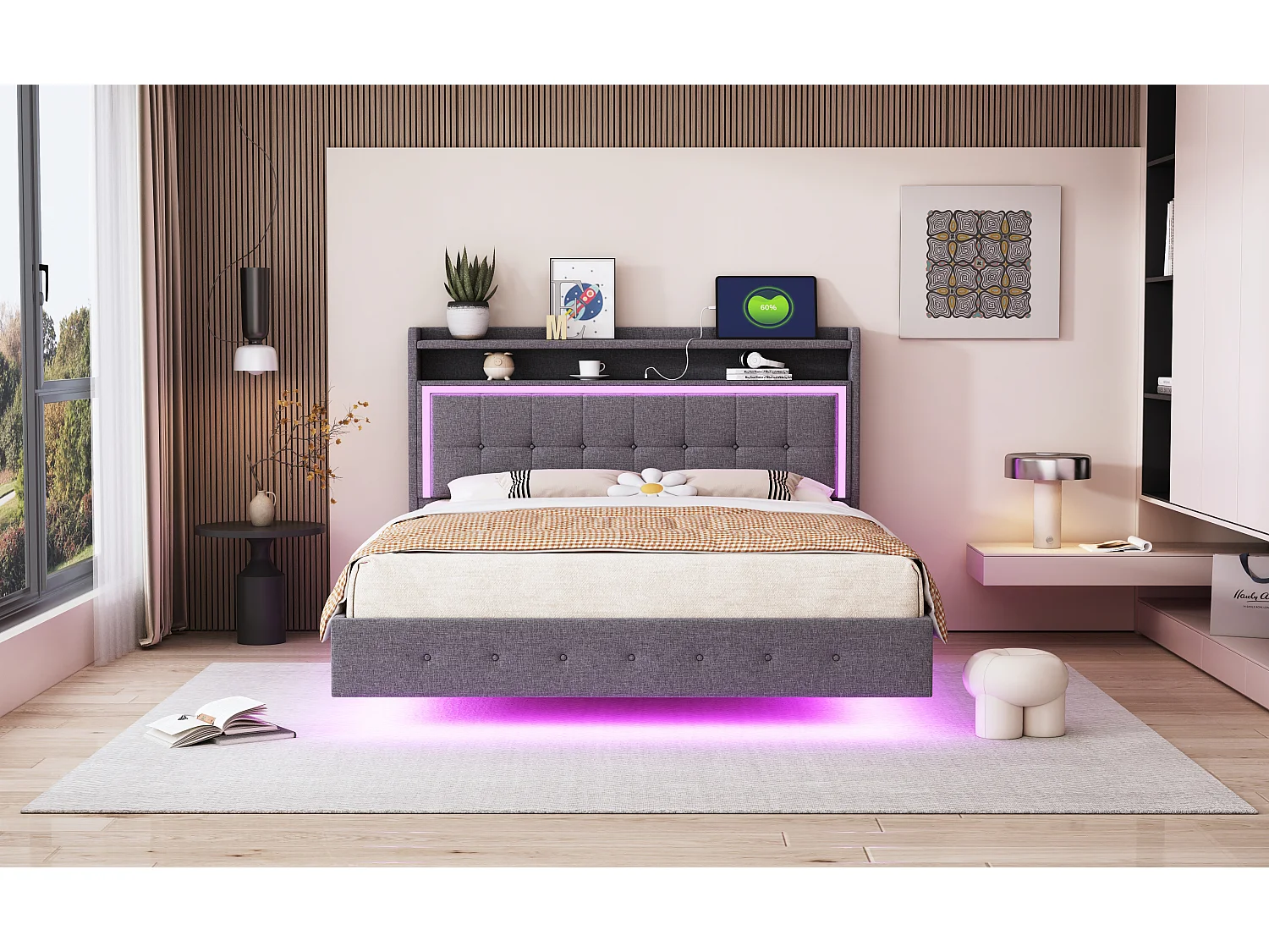 Lit 140x200cm, lit rembourré avec LED et ports USB, tissu lin gris, cadre discret (213x145x113.5cm)