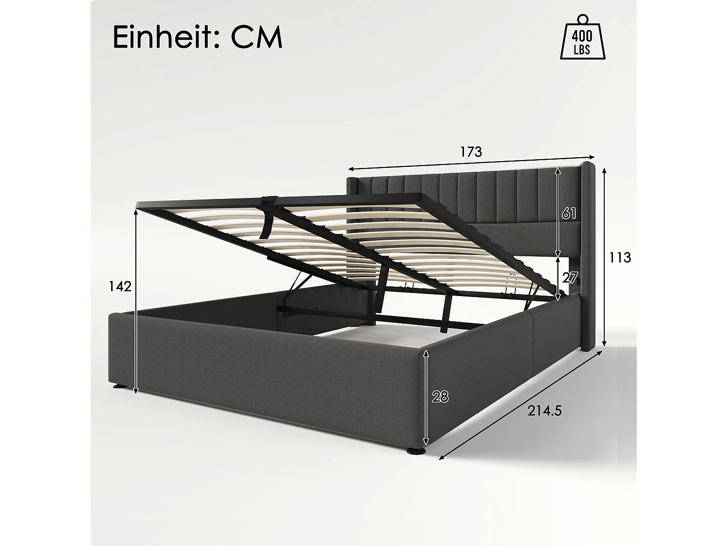 Lit double avec rangement hydraulique, lin, gris, sommier bois et métal (214.5x173x113cm)