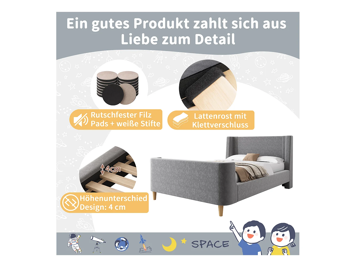 Letto per bambini con testiera in velluto e motivo cosmico, 90x200 cm, grigio, con cassetti e protezione anticaduta (212x99x76 cm)