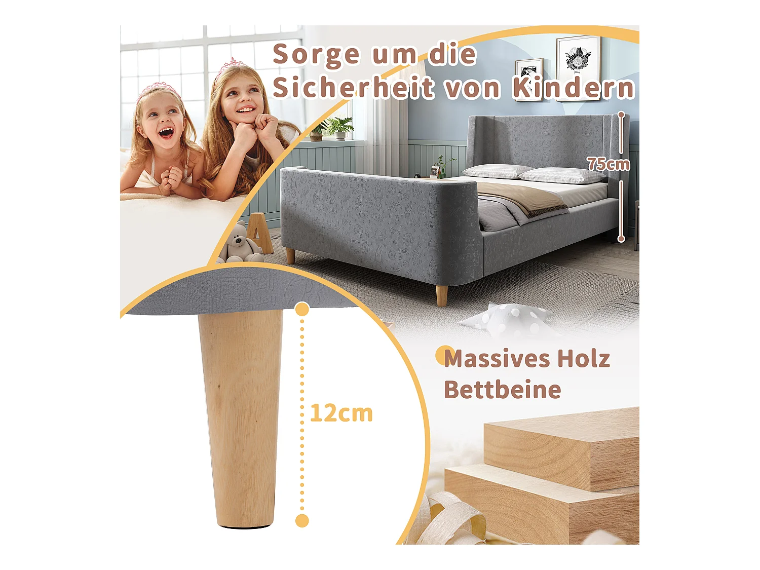 Letto per bambini con testiera in velluto e motivo cosmico, 90x200 cm, grigio, con cassetti e protezione anticaduta (212x99x76 cm)