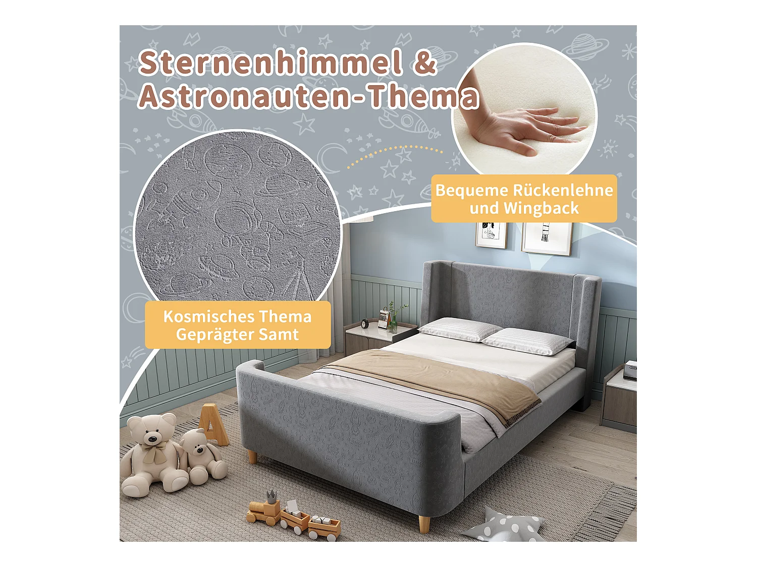 Letto per bambini con testiera in velluto e motivo cosmico, 90x200 cm, grigio, con cassetti e protezione anticaduta (212x99x76 cm)