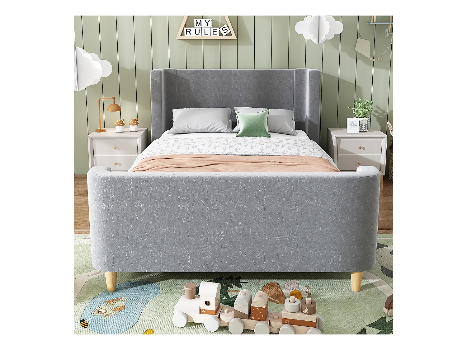 Letto per bambini con testiera in velluto e motivo cosmico, 90x200 cm, grigio, con cassetti e protezione anticaduta (212x99x76 cm)