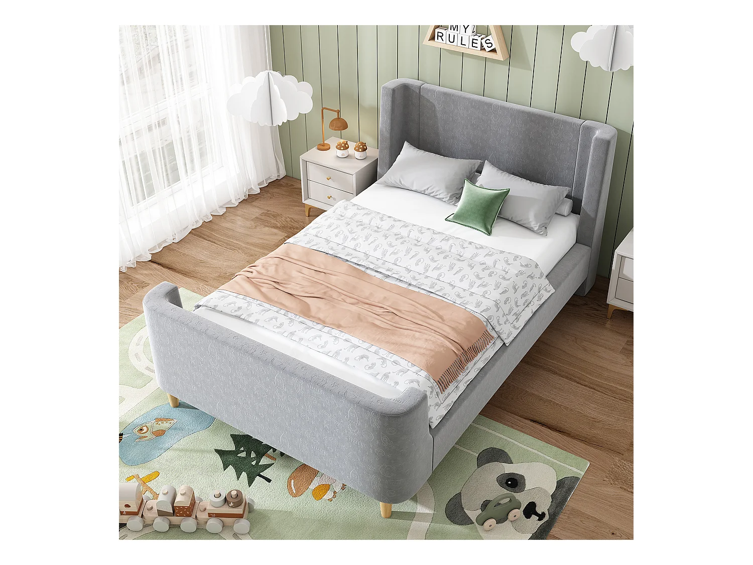 Letto per bambini con testiera in velluto e motivo cosmico, 90x200 cm, grigio, con cassetti e protezione anticaduta (212x99x76 cm)