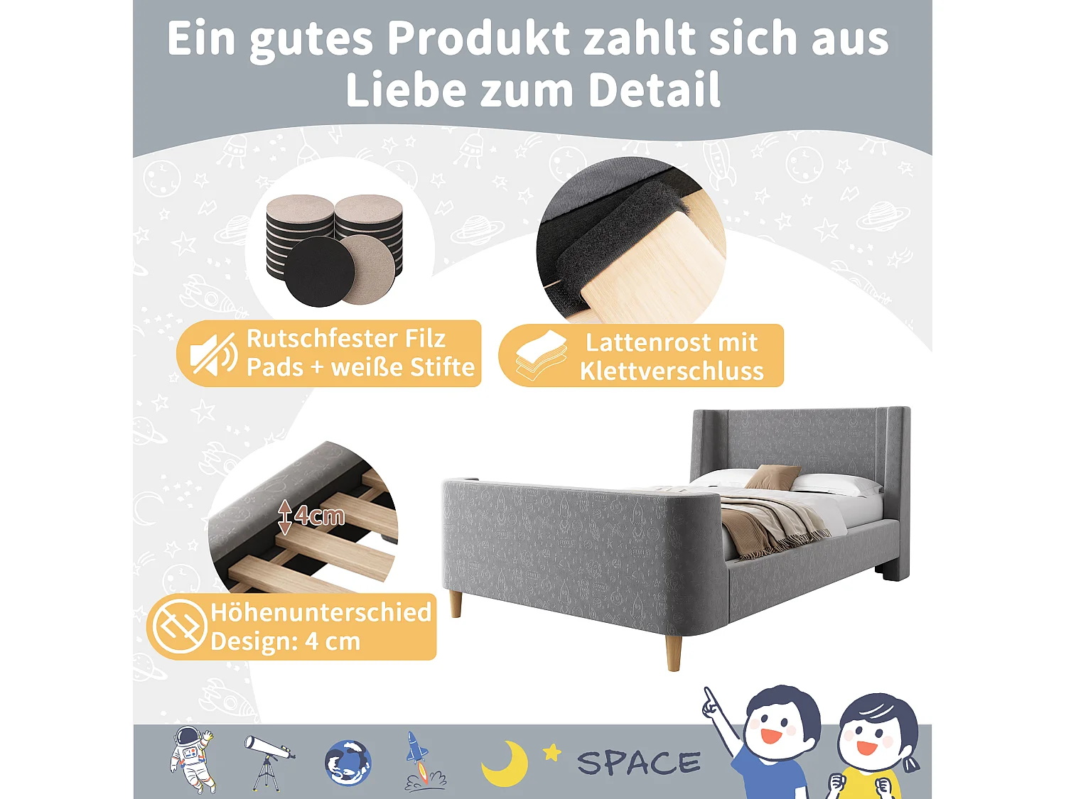 Lit pour enfant avec tête de lit en velours et motif cosmique, 90x200 cm, gris, avec tiroirs et protection anti-chute (212x99x76 cm)