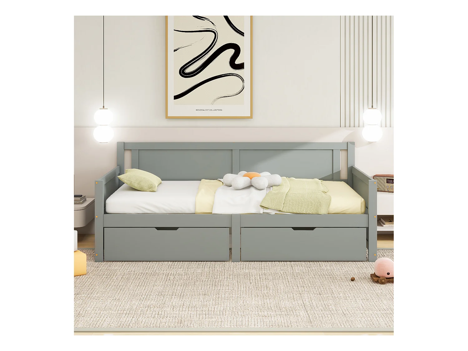 Lit avec rangements 90x200, lit individuel en bois massif, avec 2 tiroirs et cadre en bois, gris (205x95x80 cm)