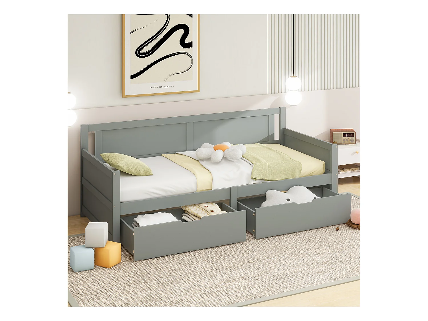 Lit avec rangements 90x200, lit individuel en bois massif, avec 2 tiroirs et cadre en bois, gris (205x95x80 cm)