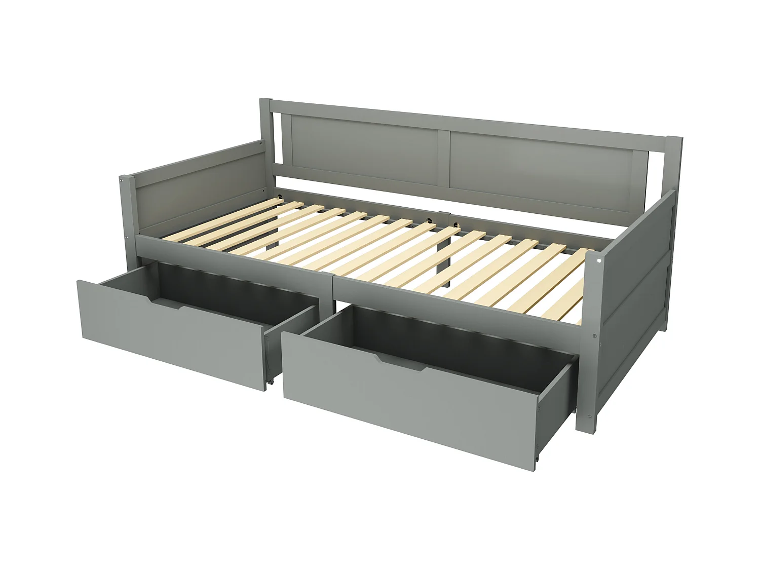 Lit avec rangements 90x200, lit individuel en bois massif, avec 2 tiroirs et cadre en bois, gris (205x95x80 cm)