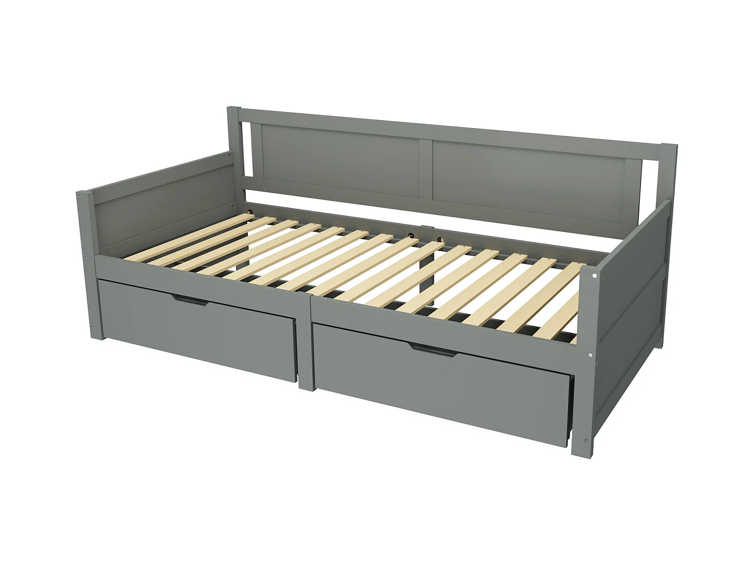 Lit avec rangements 90x200, lit individuel en bois massif, avec 2 tiroirs et cadre en bois, gris (205x95x80 cm)