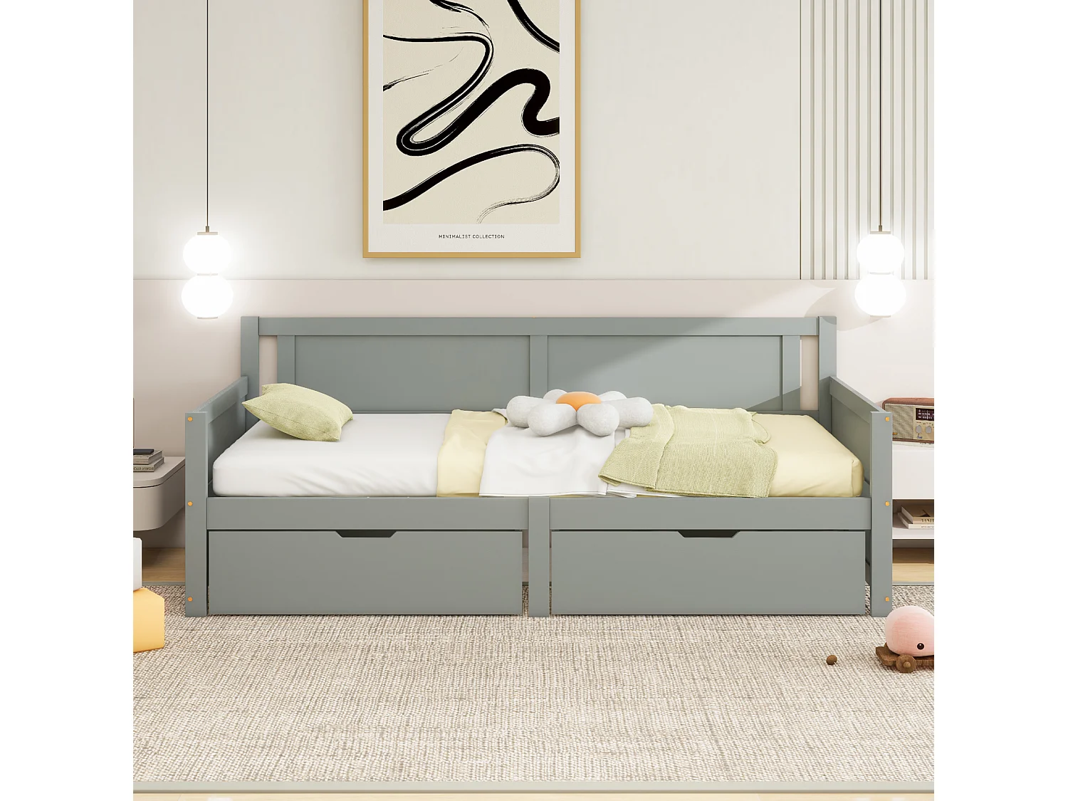 Lit avec rangements 90x200, lit individuel en bois massif, avec 2 tiroirs et cadre en bois, gris (205x95x80 cm)