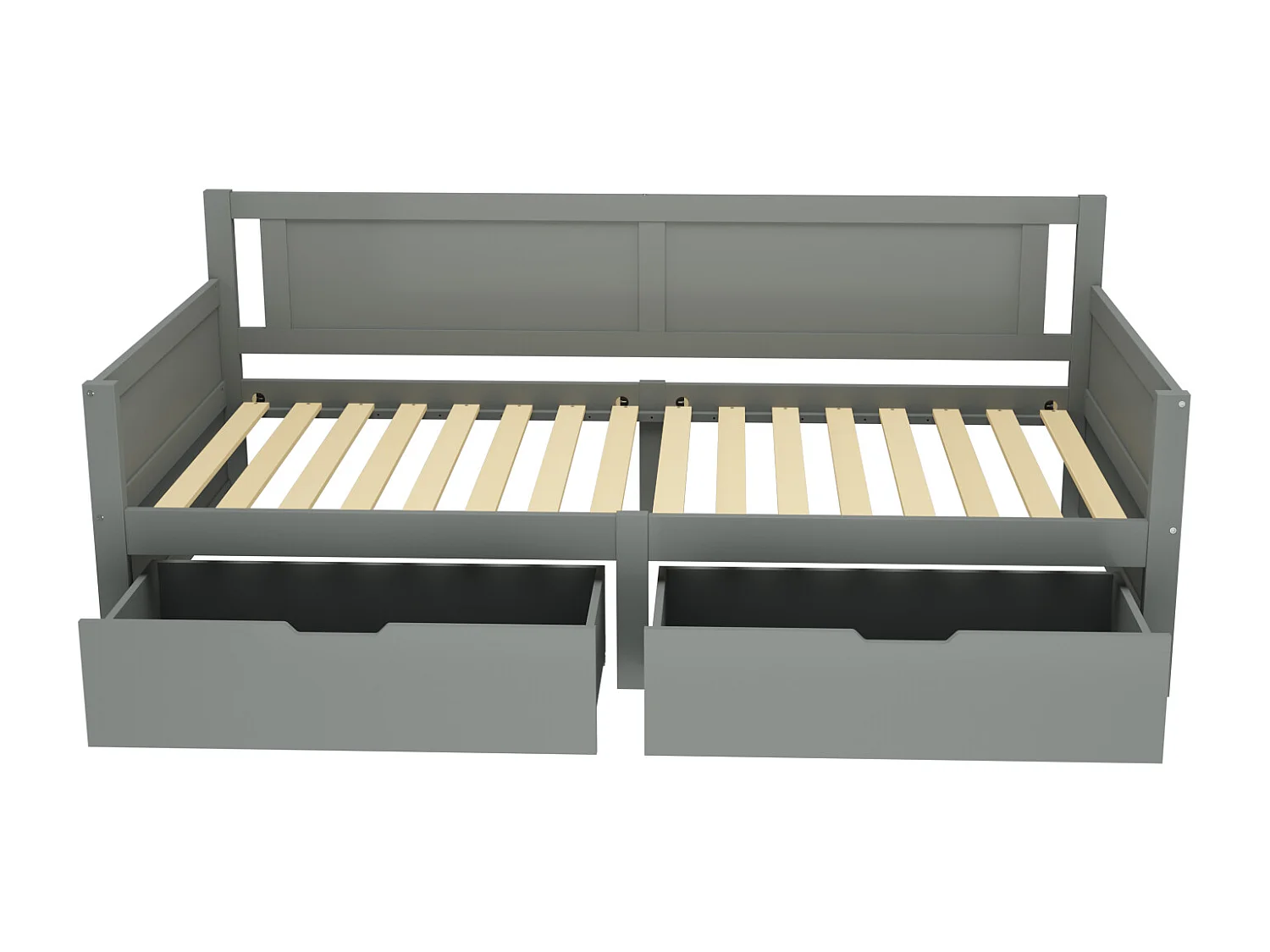 Lit avec rangements 90x200, lit individuel en bois massif, avec 2 tiroirs et cadre en bois, gris (205x95x80 cm)