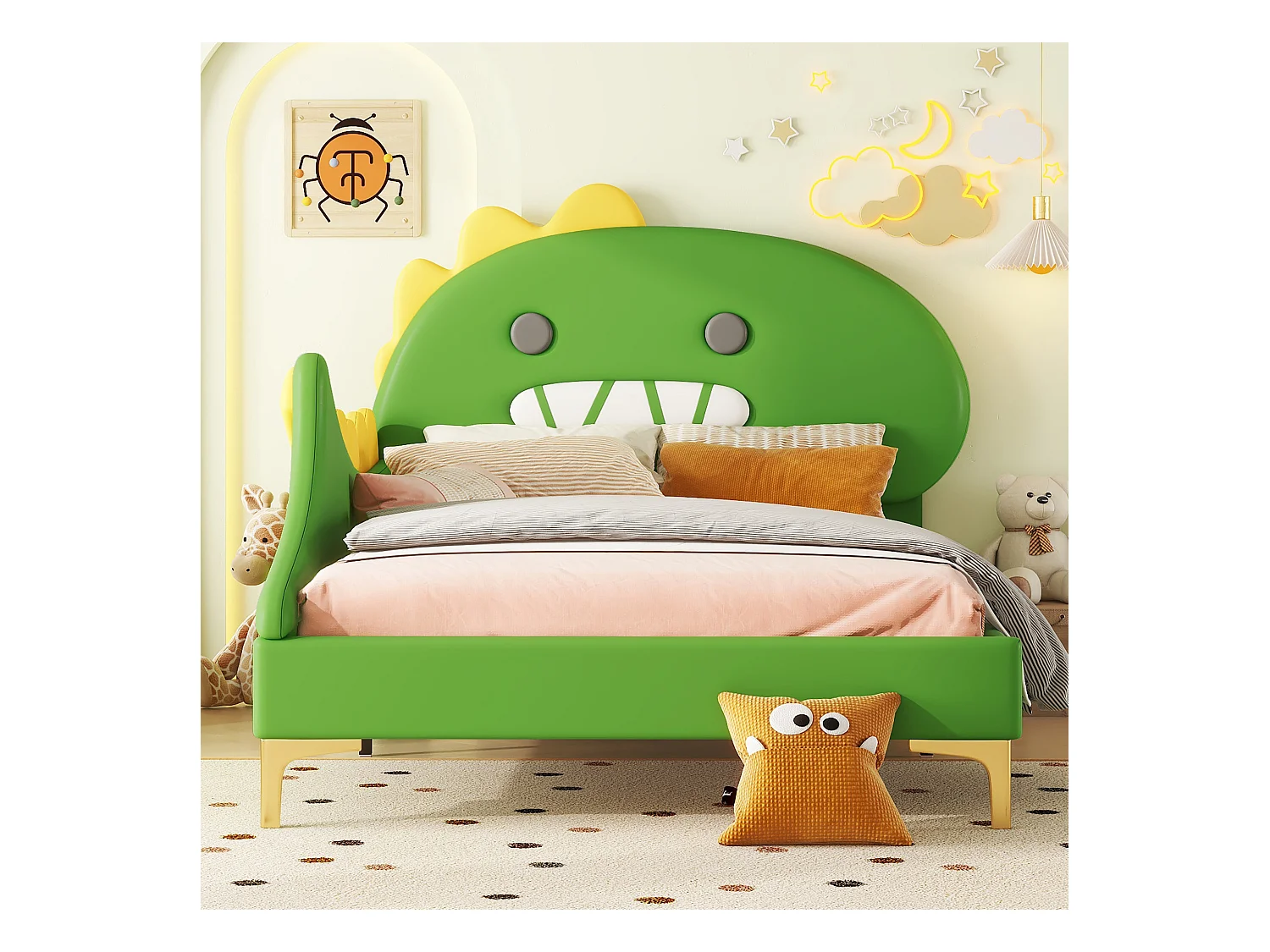 Kinderbed 90x200 cm, dinosaurusvorm, vlak bed, PU, groen (209x94x110 cm)