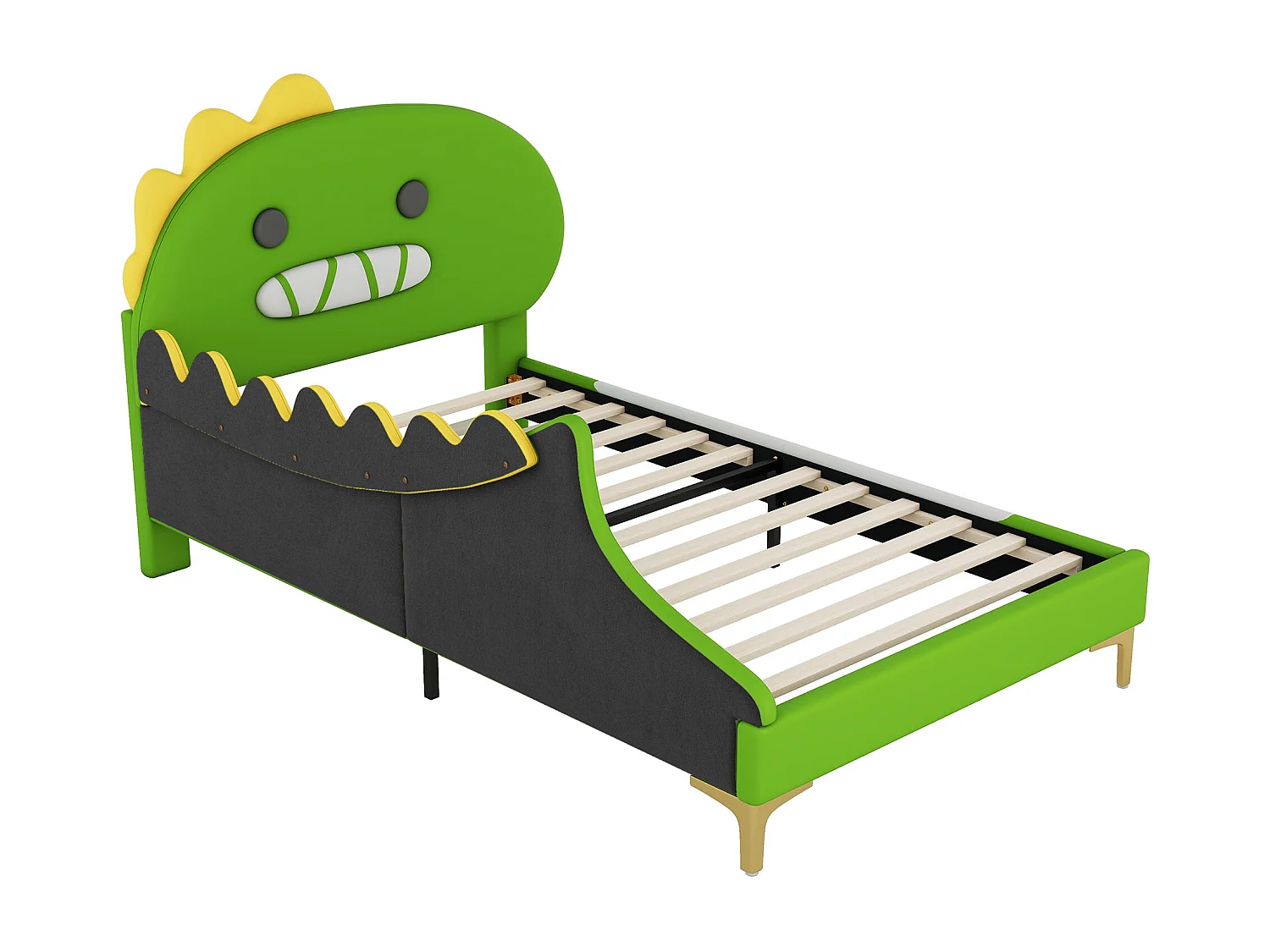 Letto per bambini 90x200 cm, a forma di dinosauro, letto piano, PU, verde (209x94x110 cm)