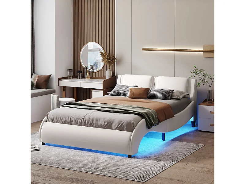 LED gestoffeerd bed, wit imitatieleer, MDF frame met lattenbodem (217x148x112cm)