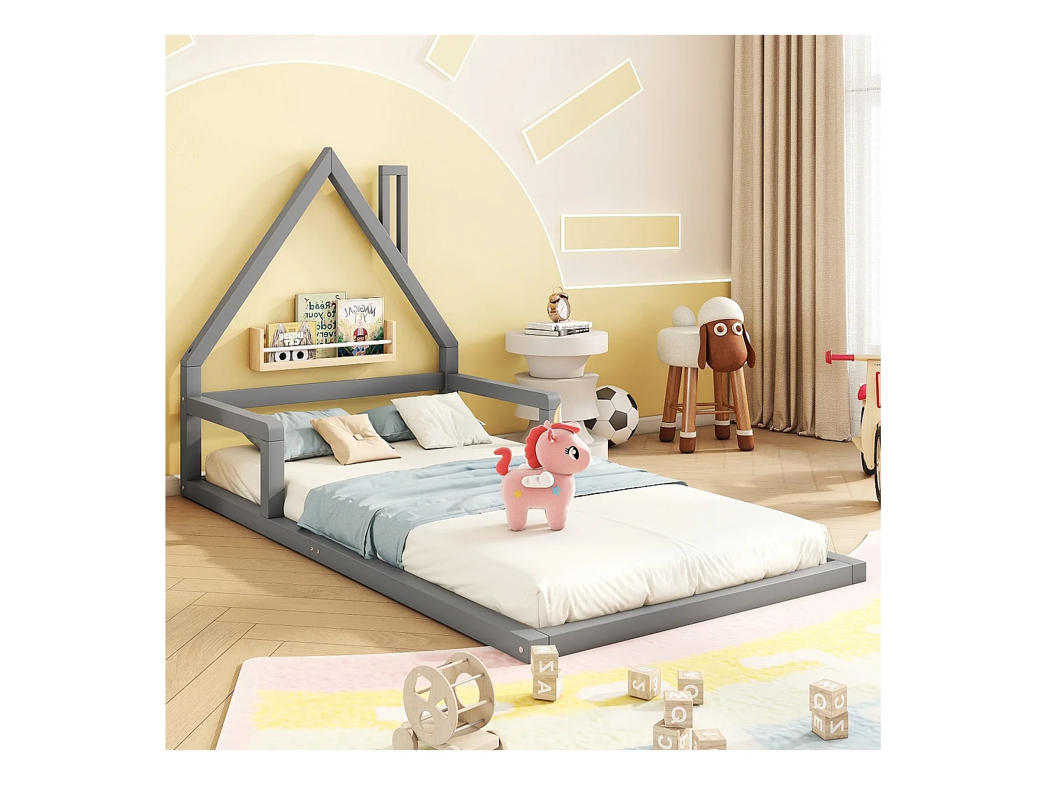 Lit plat 90x200 cm, en forme de maison, en pin massif, design simple, gris (209x99x107 cm)