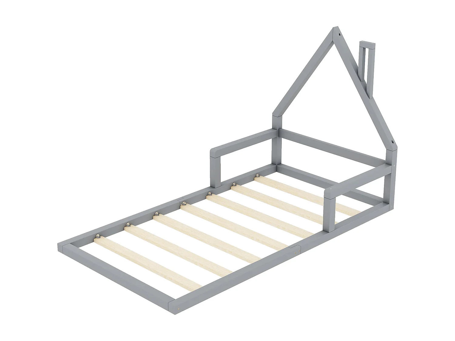 Lit plat 90x200 cm, en forme de maison, en pin massif, design simple, gris (209x99x107 cm)
