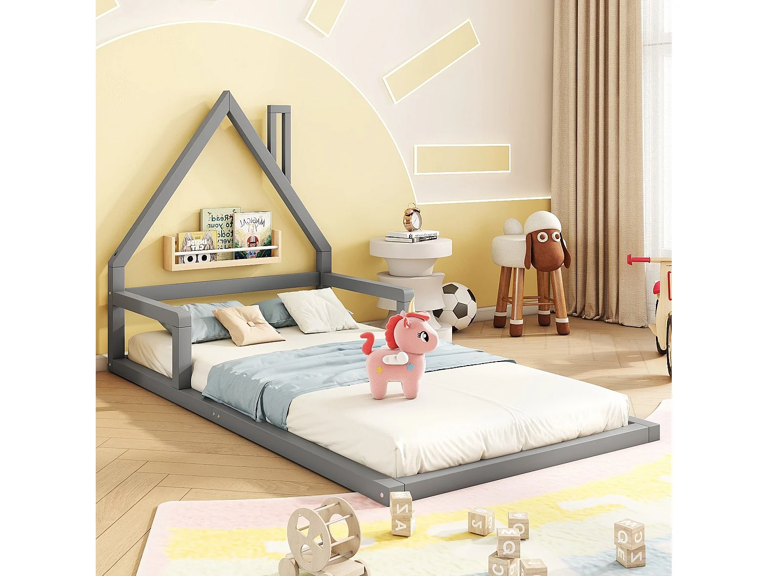 Lit plat 90x200 cm, en forme de maison, en pin massif, design simple, gris (209x99x107 cm)