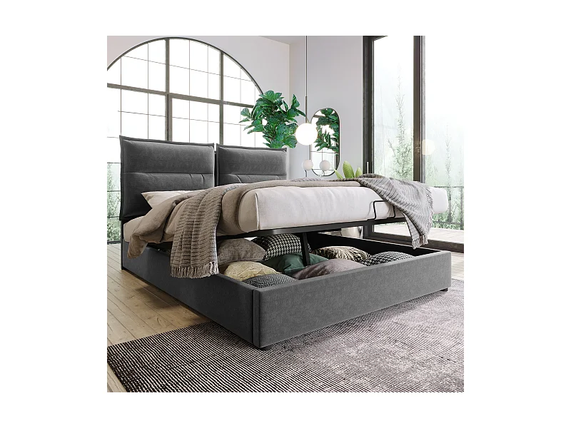 Hydraulisch bed met verstelbaar hoofdeinde, 140x200 cm, gestoffeerd bed met 2 opberglades, metalen frame en houten onderstel, grijs fluweel (zonder matras)