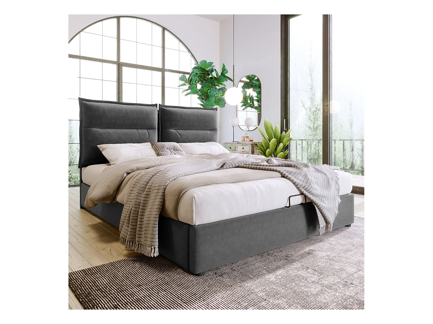 Hydraulisch bed met verstelbaar hoofdeinde, 140x200 cm, gestoffeerd bed met 2 opberglades, metalen frame en houten onderstel, grijs fluweel (zonder matras)