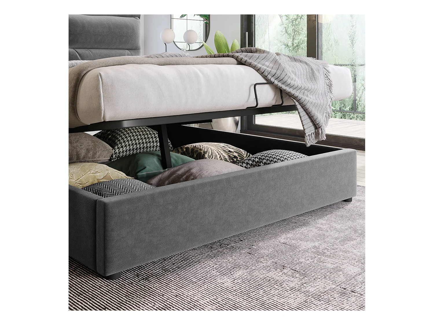 Hydraulisch bed met verstelbaar hoofdeinde, 140x200 cm, gestoffeerd bed met 2 opberglades, metalen frame en houten onderstel, grijs fluweel (zonder matras)