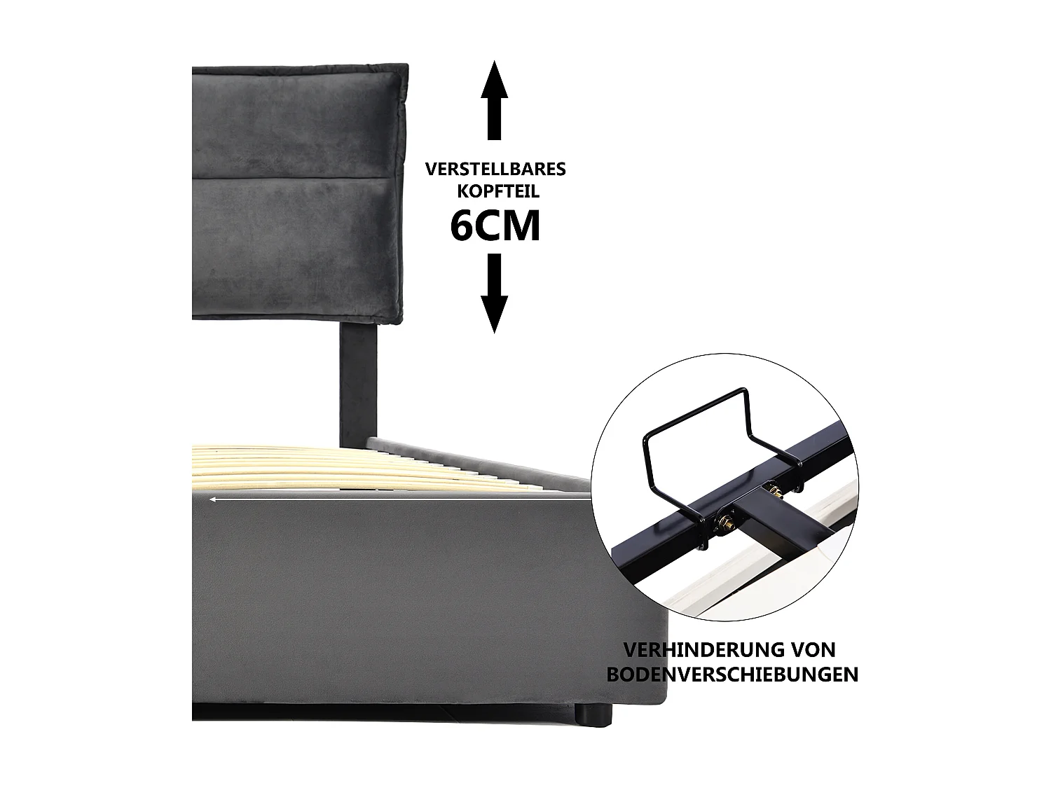 Hydraulisch bed met verstelbaar hoofdeinde, 140x200 cm, gestoffeerd bed met 2 opberglades, metalen frame en houten onderstel, grijs fluweel (zonder matras)