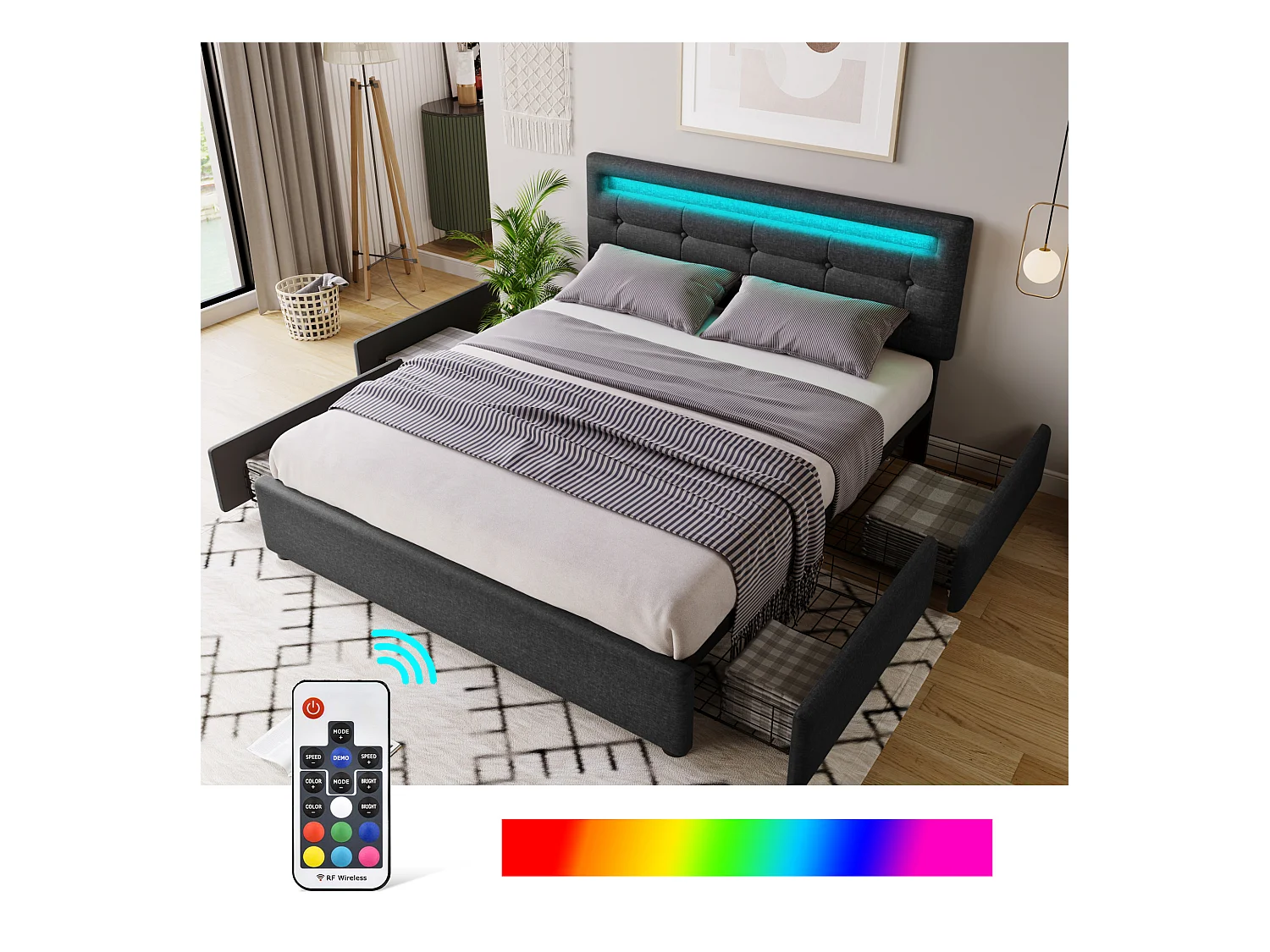 Lit coffre avec LED, 4 tiroirs, sommier bois, tête de lit réglable, revêtement lin noir (150x208x93.5-103 cm)