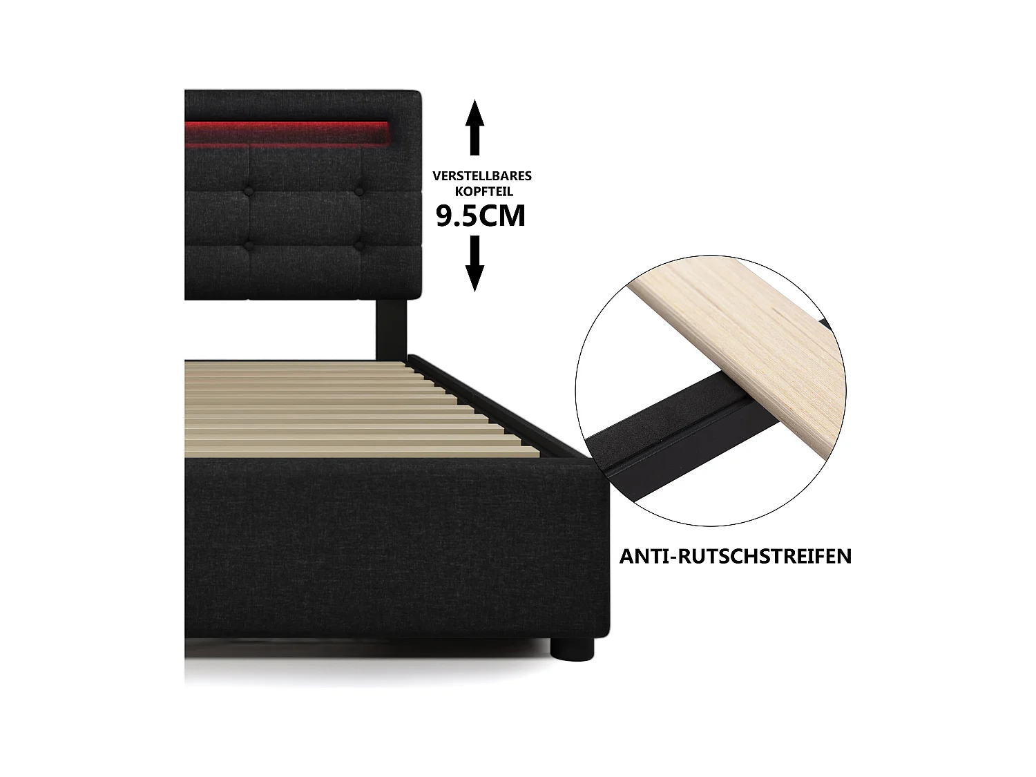 Lit coffre avec LED, 4 tiroirs, sommier bois, tête de lit réglable, revêtement lin noir (150x208x93.5-103 cm)