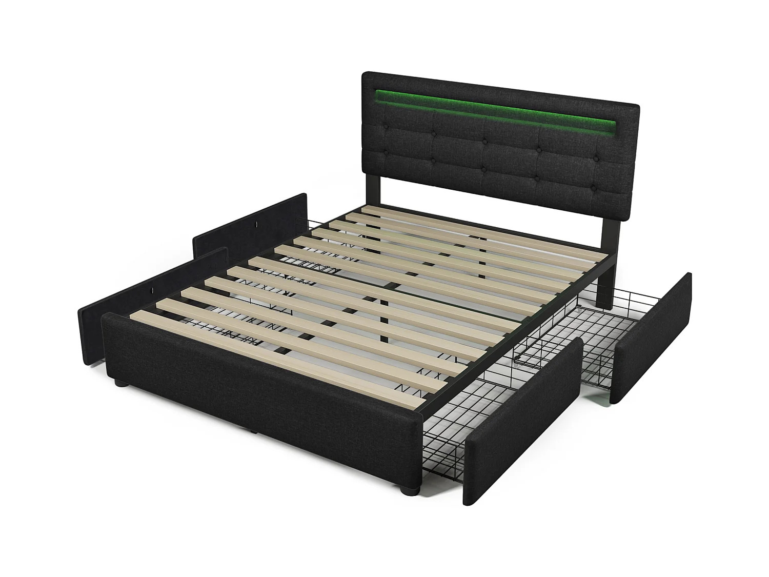 Lit coffre avec LED, 4 tiroirs, sommier bois, tête de lit réglable, revêtement lin noir (150x208x93.5-103 cm)