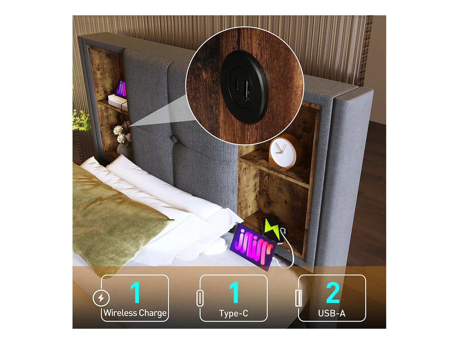 Eenpersoonsbed met draadloze USB-C-oplader, grijs katoenen frame, geïntegreerde opbergruimte, 90x200cm (206x95x100,5cm)