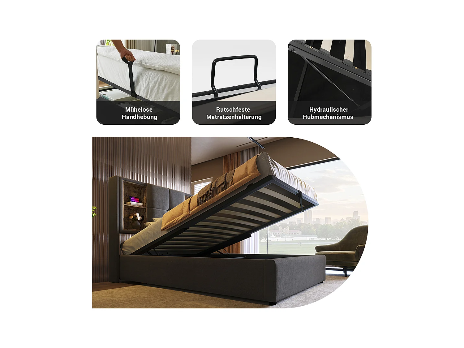 Eenpersoonsbed met draadloze USB-C-oplader, grijs katoenen frame, geïntegreerde opbergruimte, 90x200cm (206x95x100,5cm)