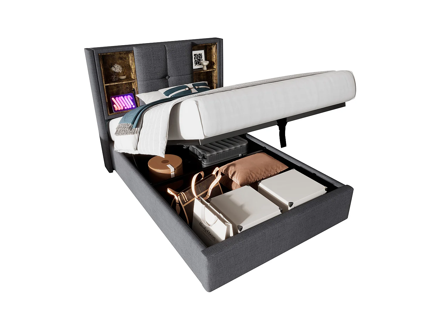 Eenpersoonsbed met draadloze USB-C-oplader, grijs katoenen frame, geïntegreerde opbergruimte, 90x200cm (206x95x100,5cm)