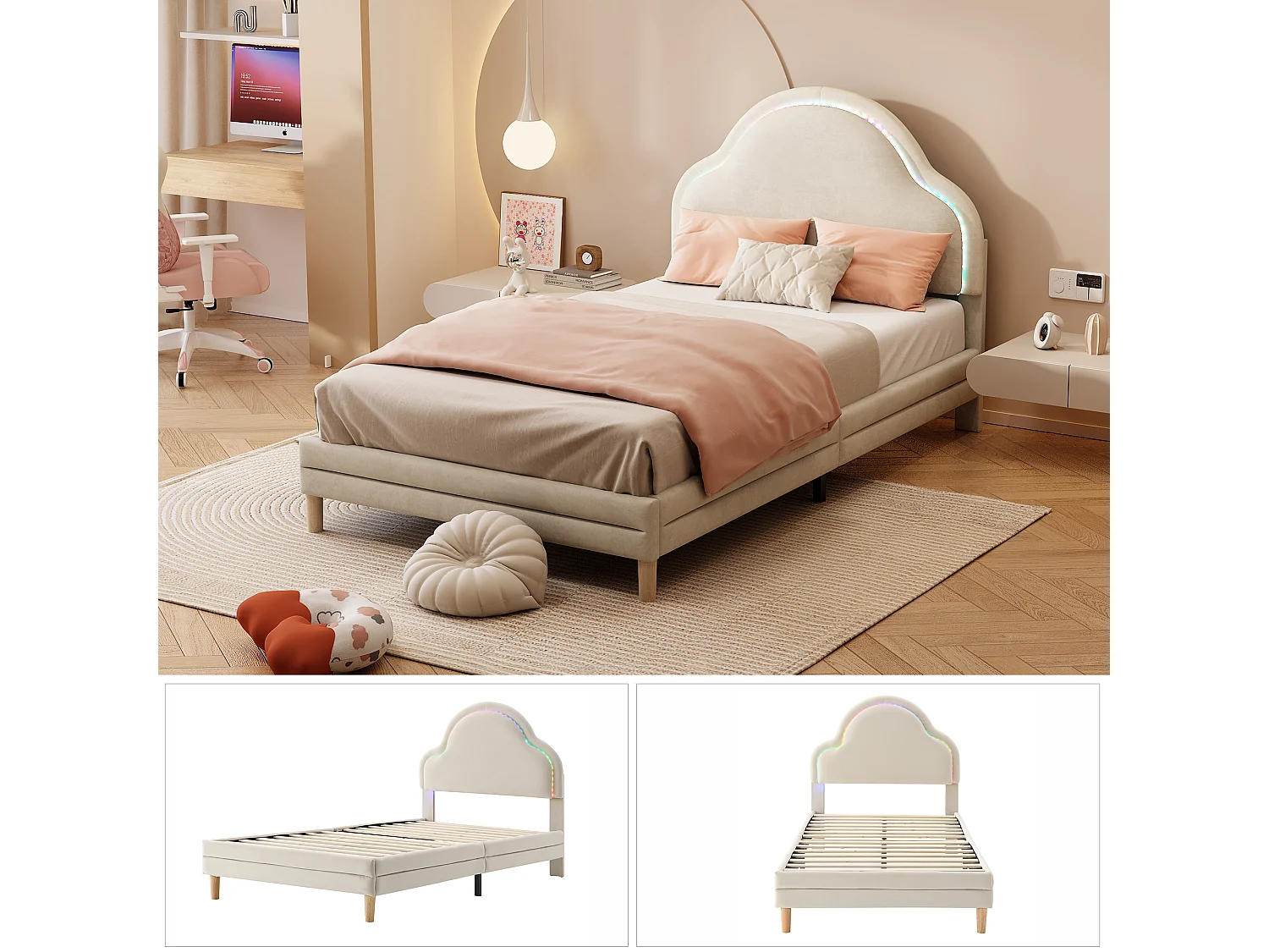 Lit rembourré, tête de lit en forme de nuage avec LED multicolores, 90x200 cm, en velours, beige