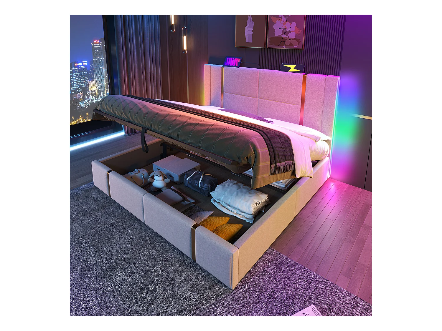 Lit double 140\200 cm, beige lin, avec rangement hydraulique, tête de lit USB Type-C et LED contrôlable par APP (sans matelas)