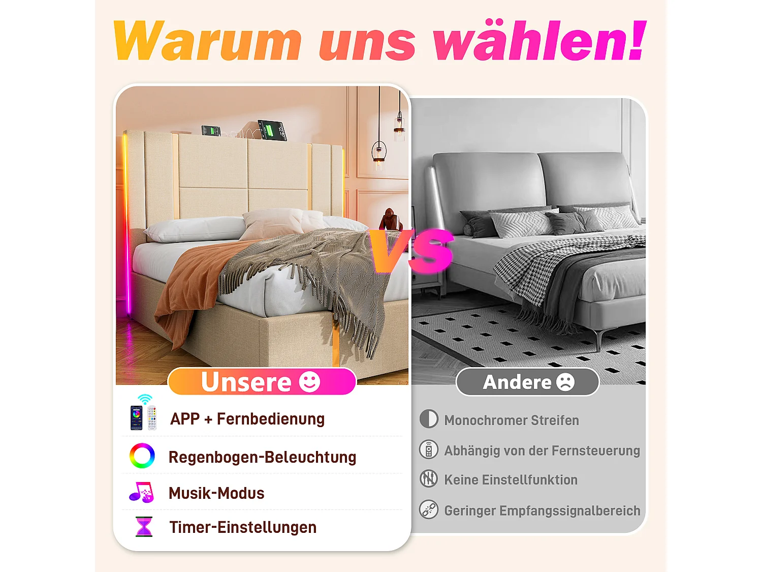 Lit double 140\200 cm, beige lin, avec rangement hydraulique, tête de lit USB Type-C et LED contrôlable par APP (sans matelas)