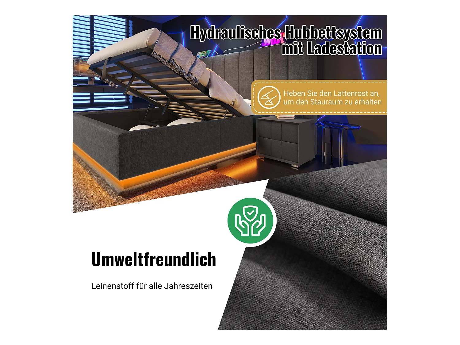 Lit double 180x200, Lit avec rangement, LED contrôlable par application et chargeur USB-C, PU, Gris (268x211x112 cm)