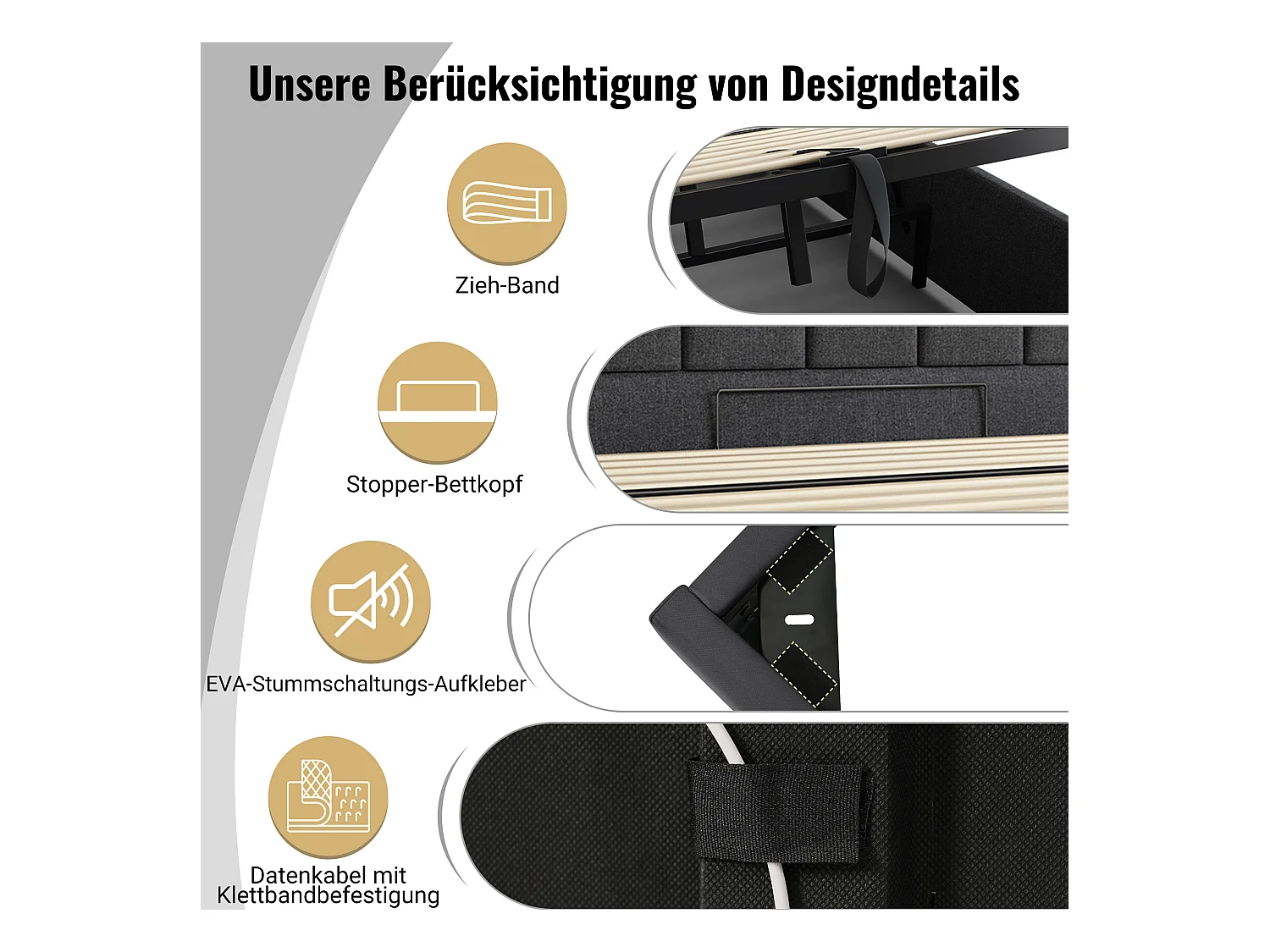 Lit double 180x200, Lit avec rangement, LED contrôlable par application et chargeur USB-C, PU, Gris (268x211x112 cm)