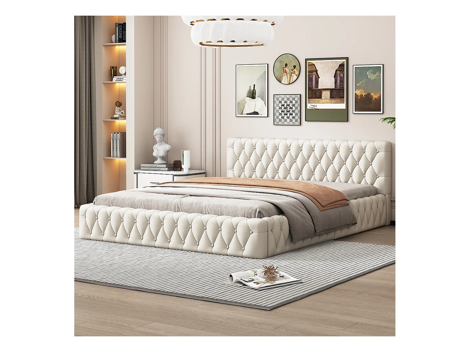 Lit double tapissé jeunesse 140x200 cm, velours beige, design élégant et confortable (216x152x61 cm)