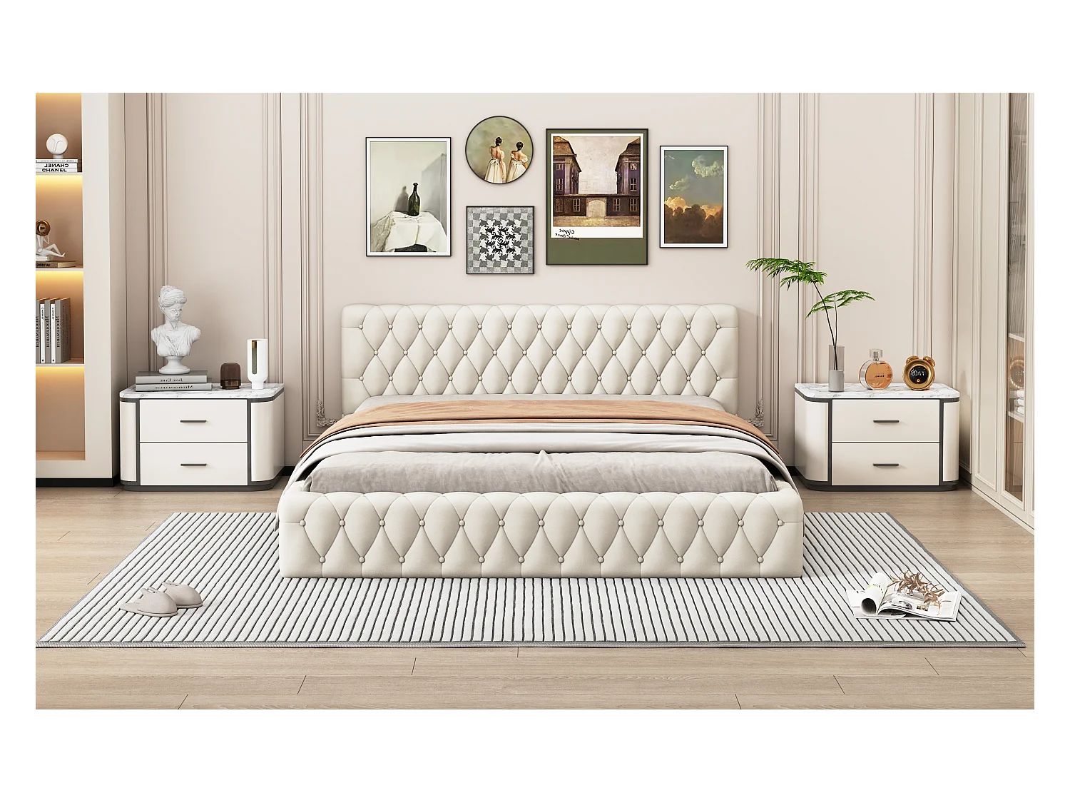 Lit double tapissé jeunesse 140x200 cm, velours beige, design élégant et confortable (216x152x61 cm)