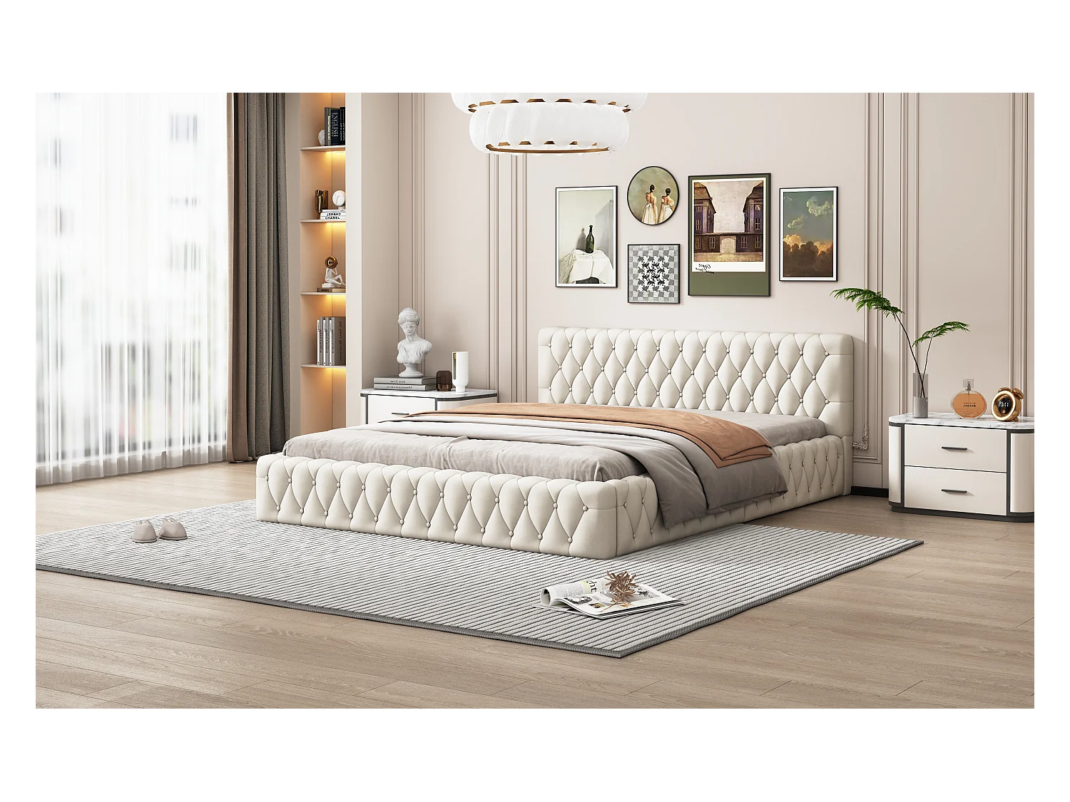 Lit double tapissé jeunesse 140x200 cm, velours beige, design élégant et confortable (216x152x61 cm)