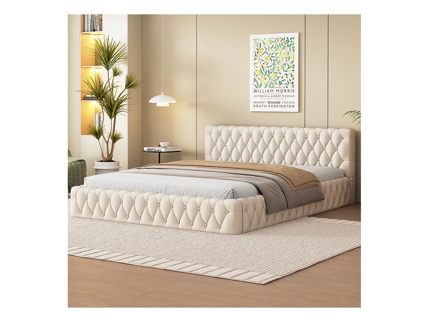 Lit double tapissé jeunesse 140x200 cm, velours beige, design élégant et confortable (216x152x61 cm)